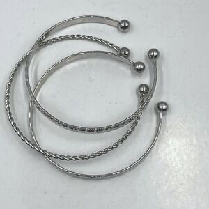 Vintage Set of 3 Silver Tone Cuff Bracelets Textured Twisted Stackable Ball Ends